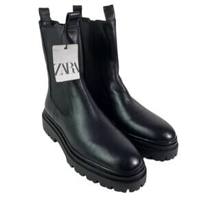 Zara Black Leather Chelsea‎ Boots Lug Sole Platform Ankle Booties Size 40 US 9